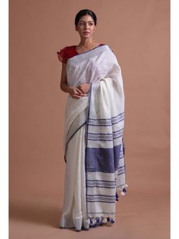 Tjori - White and Blue Solid Tassels Cotton Linen Saree with Unstitched Blouse