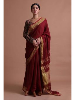 Tjori - Maroon Solid Cotton Linen Saree with Unstitched Blouse