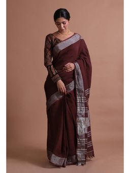 Tjori - Brown Solid Cotton Linen Saree with Unstitched Blouse