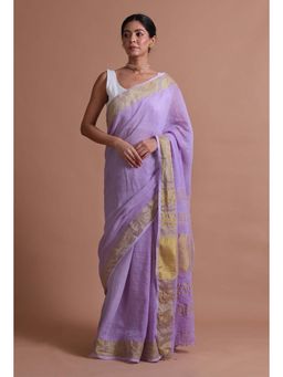 Tjori - Light Purple Solid Cotton Linen Saree with Unstitched Blouse