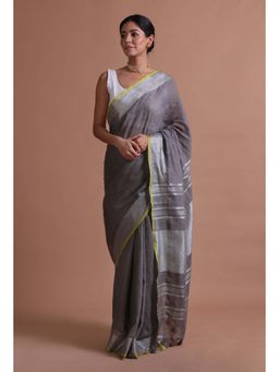 Tjori - Grey Solid Tassels Cotton Linen Saree with Unstitched Blouse