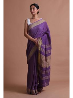 Tjori - Dark Purple Solid Cotton Linen Saree with Unstitched Blouse
