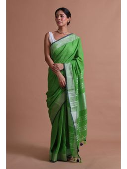 Tjori - Green Solid Tassels Cotton Linen Saree with Unstitched Blouse