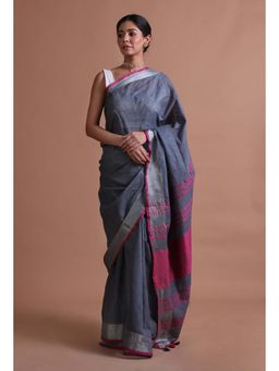 Tjori - Grey and Pink Color Cotton Linen Saree with Unstitched Blouse