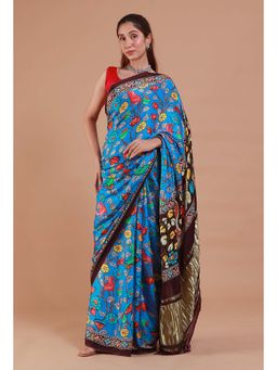Tjori - Blue Digital Floral Print Modal Silk Saree without Blouse