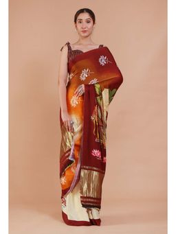Tjori - Brown and Cream Digital Floral Print Modal Silk Saree without Blouse