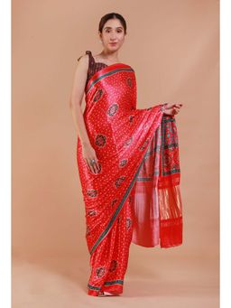 Tjori - Red Digital Bandhani Print Modal Silk Saree without Blouse