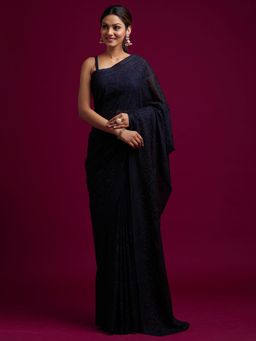 Koskii - Navy Blue Embroidered Georgette Designer Saree With Unstitched Blouse