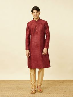 Manyavar - Maroon Art Silk Self Design Traditional Kurta (Set of 2)