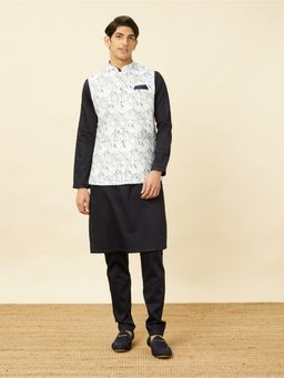 Manyavar - White Blended Cotton Printed Traditional Jacket