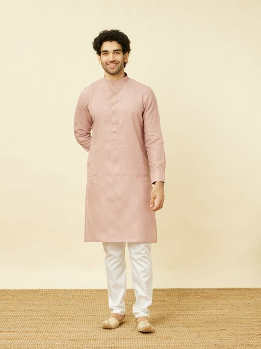 Manyavar Pink Linen Check Traditional Kurta Only