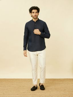 Manyavar - Blue Linen Solid Traditional Short Kurta