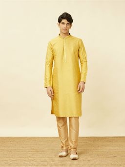 Manyavar - Mustard Blended Viscose Self Design Traditional Kurta (Set of 2)