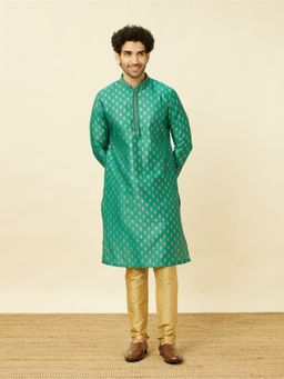 Manyavar - Green Art Silk Jacquard Traditional Kurta (Set of 2)