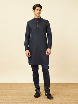 Manyavar - Blue Cotton Solid Traditional Kurta (Set of 2)