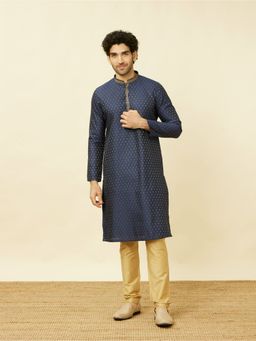 Manyavar - Blue Blended Viscose Jacquard Traditional Kurta (Set of 2)