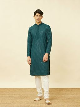 Manyavar - Blue Blended Cotton Chikankari Traditional Kurta (Set of 2)
