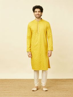 Manyavar - Mustard Cotton Self Design Traditional Kurta (Set of 2)