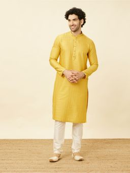 Manyavar - Mustard Blended Viscose Self Design Traditional Kurta (Set of 2)