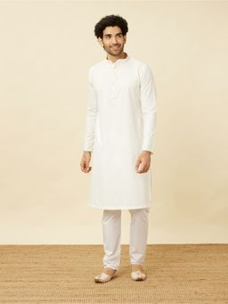 Manyavar - White Blended Viscose Solid Traditional Kurta (Set of 2)