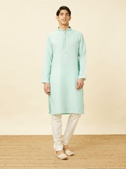 Manyavar - Blue Blended Viscose Solid Traditional Kurta (Set of 2)