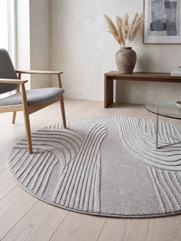 Neu Looms - Hand Tufted Modern Wave Round Wool Silk Rug- Beige