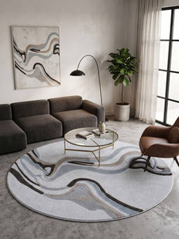 Neu Looms - Hand Tufted Round Wool Silk Rug- Modern Wave Beige