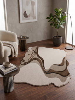 Neu Looms - Hand Tufted Modern Wave Wool Shaped Rug- Brown Beige
