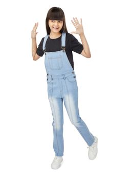 Olele - Full Length Light Blue Denim Pleated Dungaree with Raw Edge Hem
