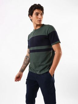Dennis Lingo - Green Men Striped Round Neck Relaxed Fit T-Shirt
