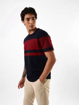 Dennis Lingo - Navy Blue Men Striped Round Neck Relaxed Fit T-Shirt