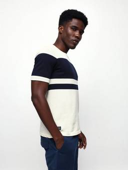 Dennis Lingo - Off White Men Striped Round Neck Relaxed Fit T-Shirt
