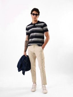 Dennis Lingo - Navy Blue Men Striped Polo Collar Relaxed Fit Polo T-Shirt