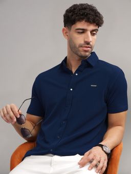 Parcel Yard - Men Navy Blue Self Design Collar Neck Shirt