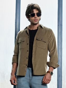 CAHOOT - Men Coffee Brown Solid-Brushed Utility Shirt