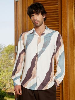 CAHOOT - Men Light Beige & Chocolate Brown Abstract-Topography Imprint Shirt