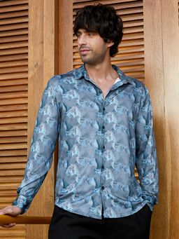 CAHOOT - Men Slate Blue Panel-Swirl Imprint Shirt