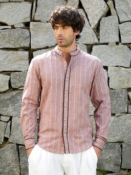 CAHOOT - Men Dusty Pink Striped-Jacquard Mandarin Shirt
