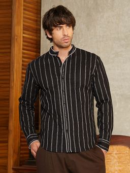 CAHOOT - Men Onyx Black Striped-Jacquard Mandarin Shirt