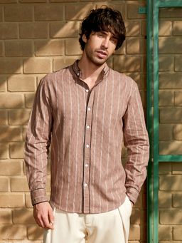 CAHOOT - Men Ash Brown Striped-Jacquard Mandarin Shirt