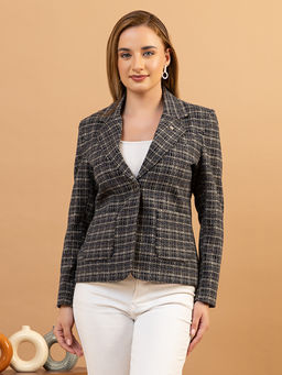 TWENTY ME - Navy Blue Notched Lapel Checks Blazer