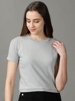 SHOWOFF - Womens Half Sleeves Round Neck Grey Solid T-Shirt