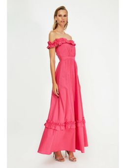 Trendyol - Pink Bardot Frill L Occasion Maxi Dress