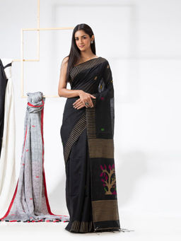 Angoshobha - Black Handloom Cotton Blended Jamdani Saree with Unstitched Blouse
