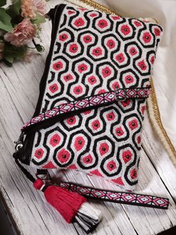 Anekaant - Kooky Fuchsia & Black Boho Honeycomb Embellished Cotton Jacquard Sling Bag