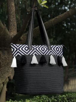 Anekaant - Kooky Black & White Boho Jacquard Handloom Cotton Canvas Tote Bag