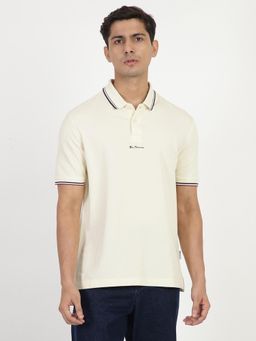 Ben Sherman - Men Off White Solid Mod Stripe Pure Cotton Polo T-Shirt