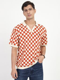 Ben Sherman - Men Off White Checkerboard Knitted Polo T-Shirt