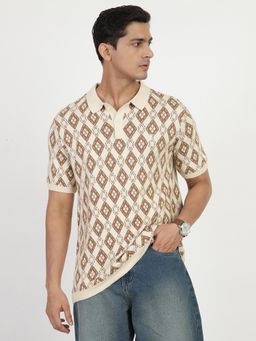 Ben Sherman - Men Beige Printed Polo Collar Knitted Polo T-Shirt