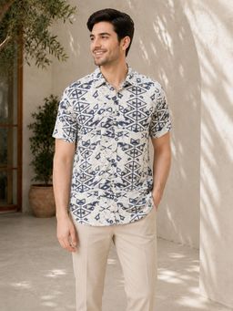 Oxolloxo - Men White Aztec Print Collared Short Sleeve Cotton Linen Shirt